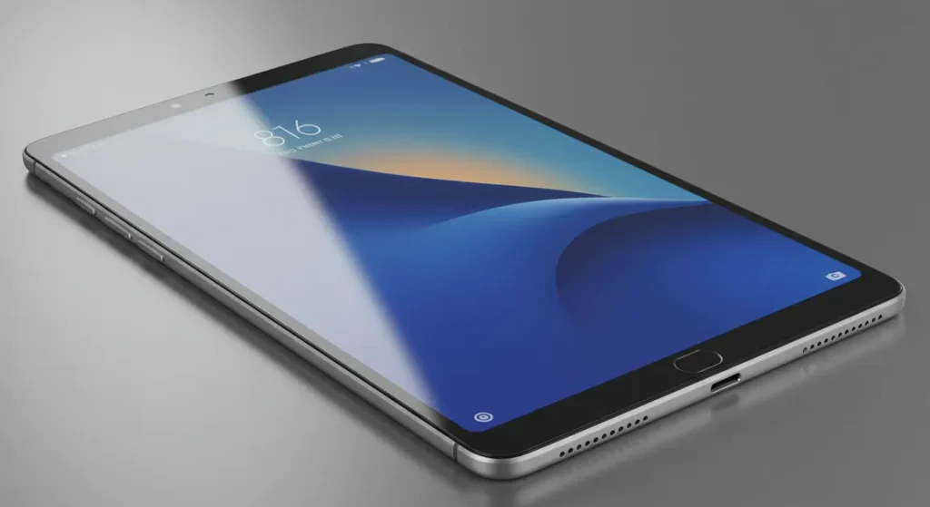 Fx Angled view of Xiaomi Redmi Pad SE 11 showing screen reflection and premium build quality professional product photography lighting 3