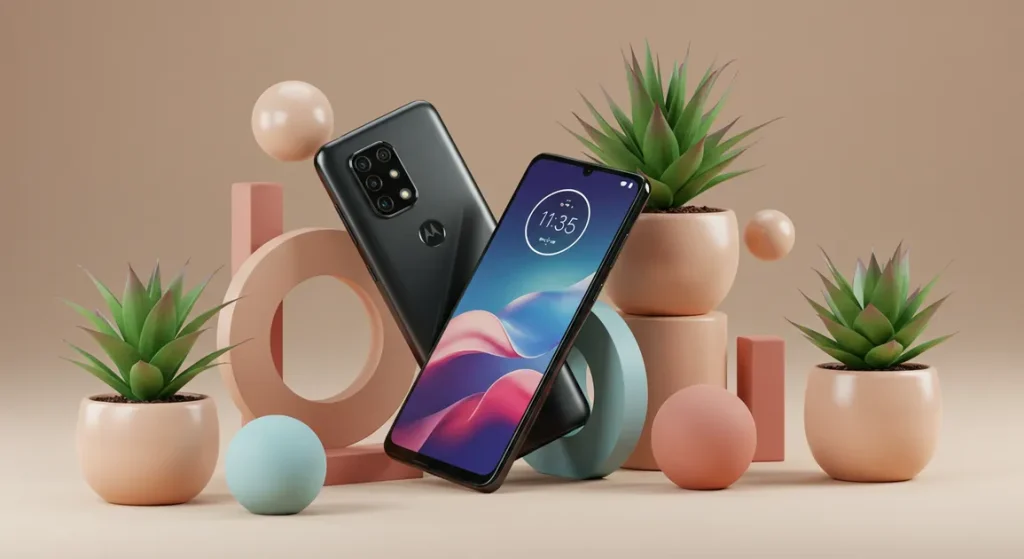 Fx Artistic composition of Motorola Moto G75 next to geometric shapes and plants shot with professional camera equipment and perfect exposure 1
