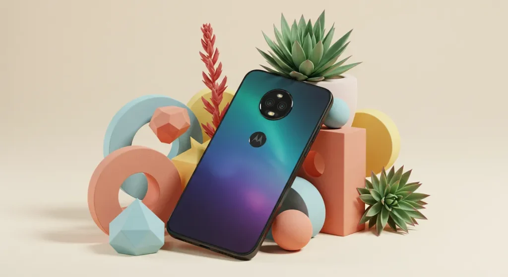 Fx Artistic composition of Motorola Moto G75 next to geometric shapes and plants shot with professional camera equipment and perfect exposure 3