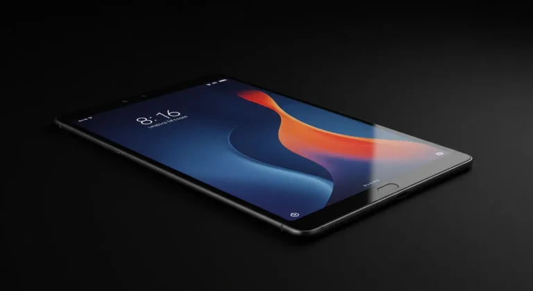 Fx Dramatic low angle shot of Xiaomi Redmi Pad SE 11 tablet against a dark background with rim lighting cinematic product photography style 3