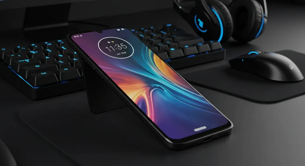 Fx Dynamic angle shot of Motorola Moto G75 with the screen reflecting ambient light placed on a high tech workstation setup 1