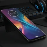 Fx Dynamic angle shot of Motorola Moto G75 with the screen reflecting ambient light placed on a high tech workstation setup 1