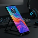 Fx Dynamic angle shot of Motorola Moto G75 with the screen reflecting ambient light placed on a high tech workstation setup 2