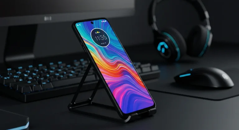 Fx Dynamic angle shot of Motorola Moto G75 with the screen reflecting ambient light placed on a high tech workstation setup 2