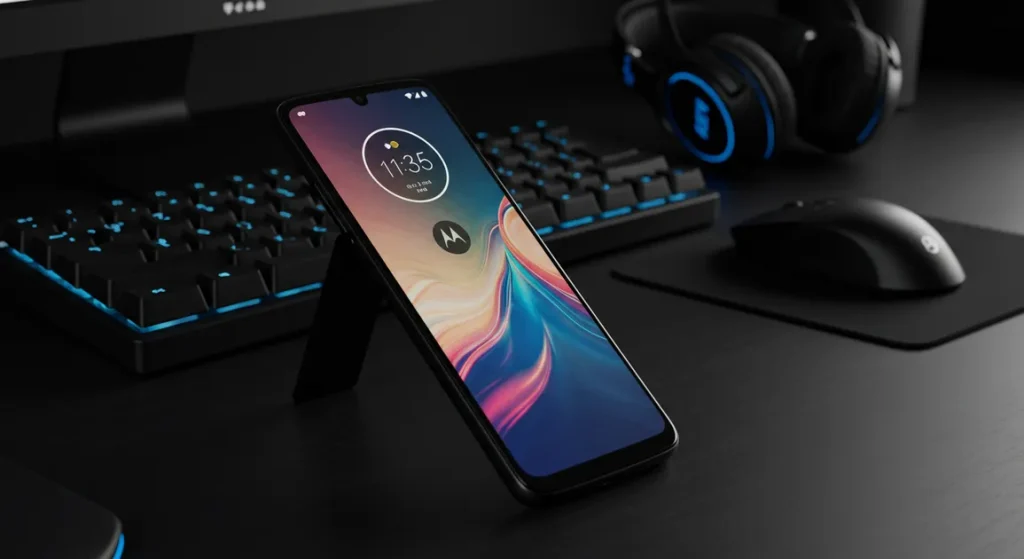 Fx Dynamic angle shot of Motorola Moto G75 with the screen reflecting ambient light placed on a high tech workstation setup 3