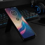 Fx Dynamic angle shot of Motorola Moto G75 with the screen reflecting ambient light placed on a high tech workstation setup 3