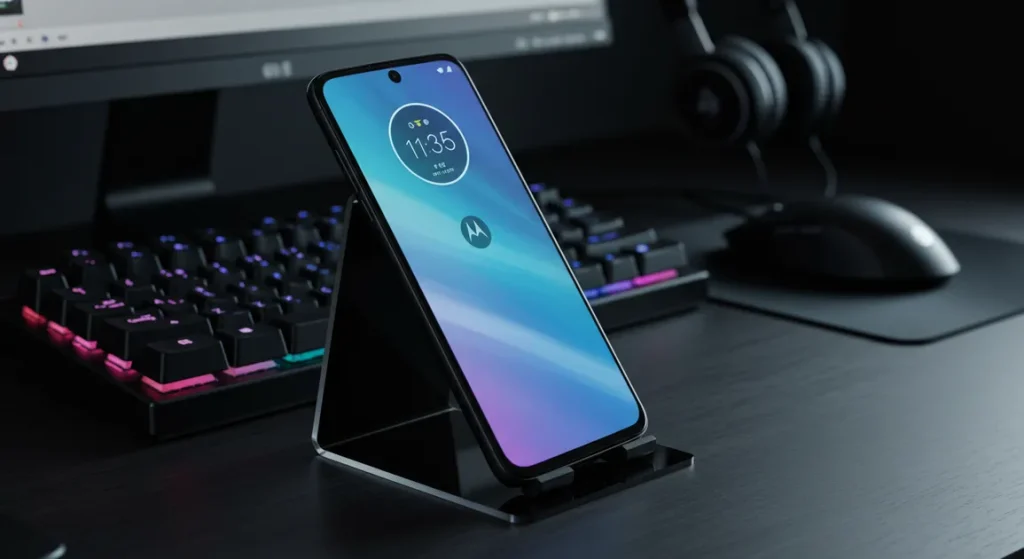 Fx Dynamic angle shot of Motorola Moto G75 with the screen reflecting ambient light placed on a high tech workstation setup 4