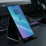 Fx Dynamic angle shot of Motorola Moto G75 with the screen reflecting ambient light placed on a high tech workstation setup 4
