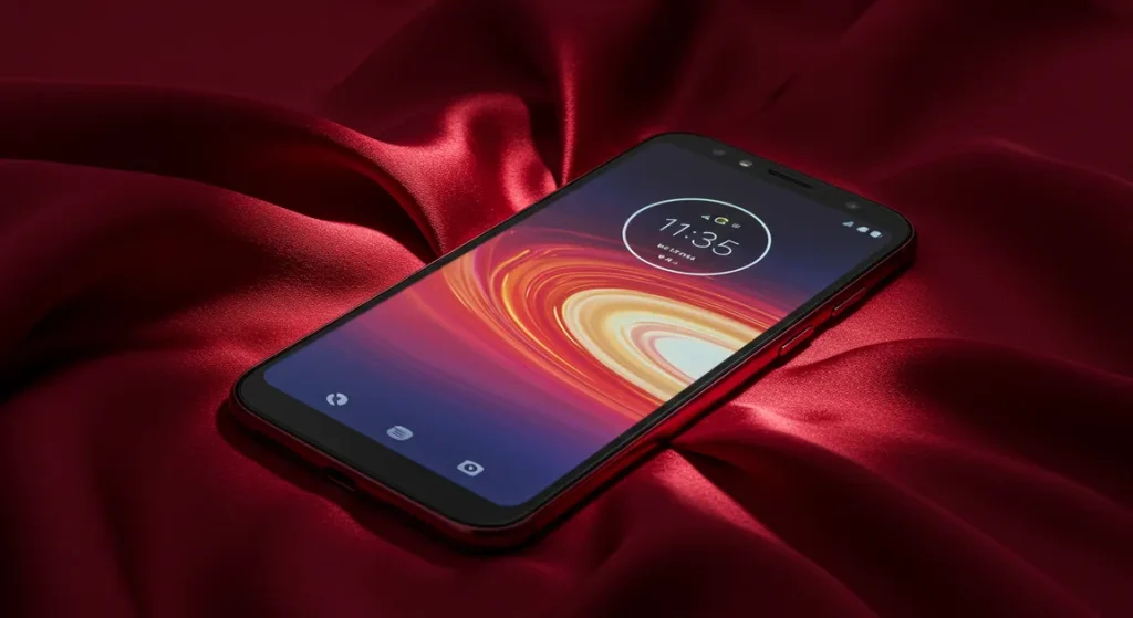 Fx Elegant product shot of Motorola Moto G75 placed on silk fabric with dramatic side lighting creating beautiful shadows and highlights 1