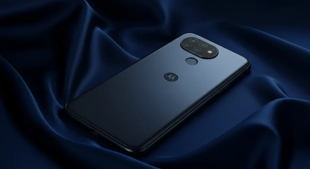 Fx Elegant product shot of Motorola Moto G75 placed on silk fabric with dramatic side lighting creating beautiful shadows and highlights 2