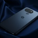 Fx Elegant product shot of Motorola Moto G75 placed on silk fabric with dramatic side lighting creating beautiful shadows and highlights 2