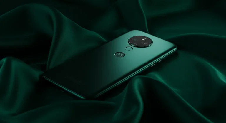 Fx Elegant product shot of Motorola Moto G75 placed on silk fabric with dramatic side lighting creating beautiful shadows and highlights 3