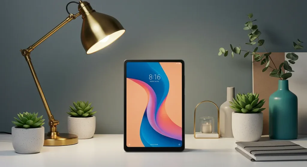 Fx Environmental shot of Xiaomi Redmi Pad SE 11 on a designer workspace with plants and modern decor lifestyle product photography 1