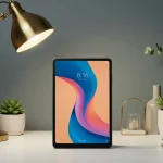Fx Environmental shot of Xiaomi Redmi Pad SE 11 on a designer workspace with plants and modern decor lifestyle product photography 1