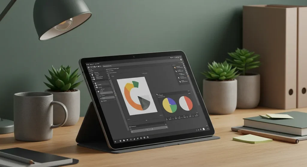 Fx Environmental shot of Xiaomi Redmi Pad SE 11 on a designer workspace with plants and modern decor lifestyle product photography 2