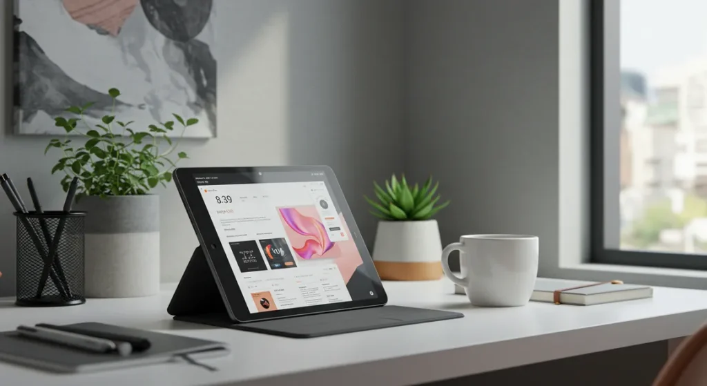 Fx Environmental shot of Xiaomi Redmi Pad SE 11 on a designer workspace with plants and modern decor lifestyle product photography 3