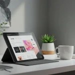 Fx Environmental shot of Xiaomi Redmi Pad SE 11 on a designer workspace with plants and modern decor lifestyle product photography 3