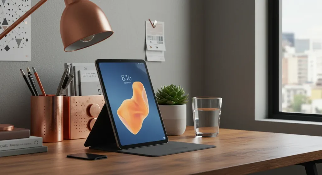 Fx Environmental shot of Xiaomi Redmi Pad SE 11 on a designer workspace with plants and modern decor lifestyle product photography 4