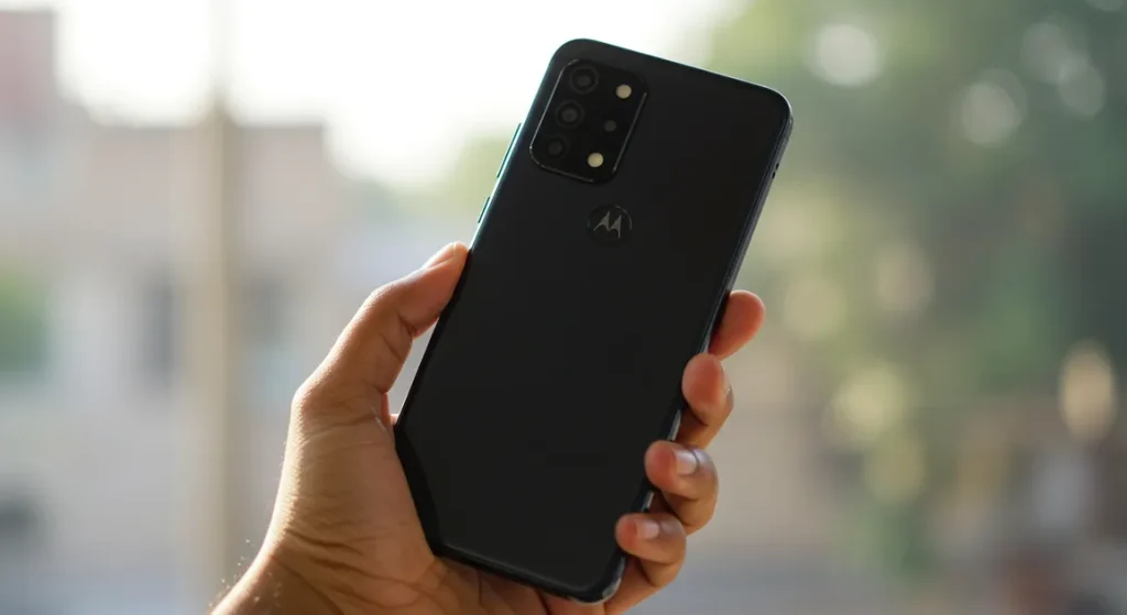Fx Hand holding Motorola Moto G75 displaying the back design and camera layout photographed against a soft bokeh background in natural daylight 1