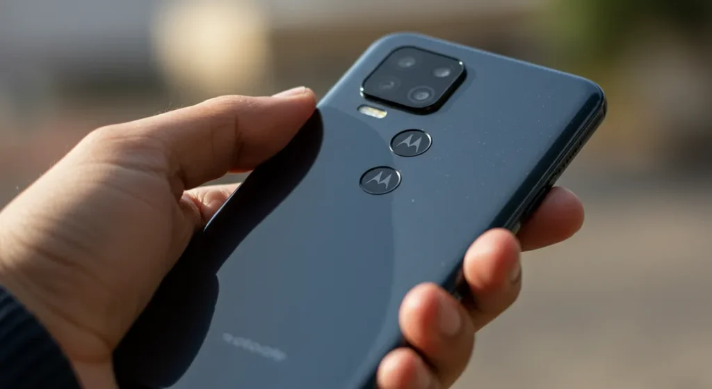 Fx Hand holding Motorola Moto G75 displaying the back design and camera layout photographed against a soft bokeh background in natural daylight 2
