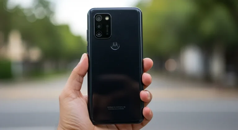 Fx Hand holding Motorola Moto G75 displaying the back design and camera layout photographed against a soft bokeh background in natural daylight 3
