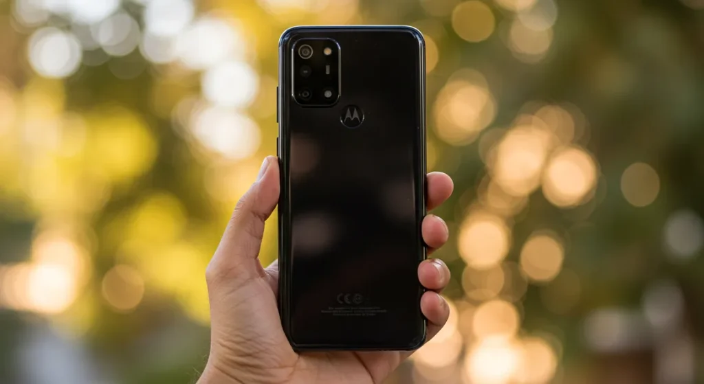 Fx Hand holding Motorola Moto G75 displaying the back design and camera layout photographed against a soft bokeh background in natural daylight 4
