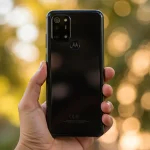 Fx Hand holding Motorola Moto G75 displaying the back design and camera layout photographed against a soft bokeh background in natural daylight 4