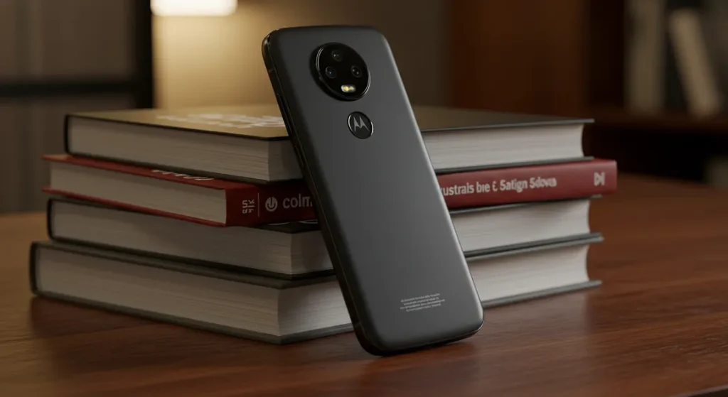 Fx Motorola Moto G75 leaning against a stack of books on a contemporary office desk with warm ambient lighting and shallow focus 1