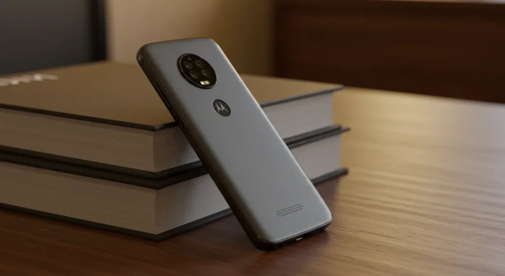 Fx Motorola Moto G75 leaning against a stack of books on a contemporary office desk with warm ambient lighting and shallow focus 2