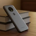 Fx Motorola Moto G75 leaning against a stack of books on a contemporary office desk with warm ambient lighting and shallow focus 2