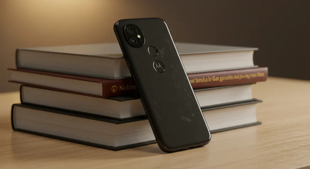 Fx Motorola Moto G75 leaning against a stack of books on a contemporary office desk with warm ambient lighting and shallow focus 3