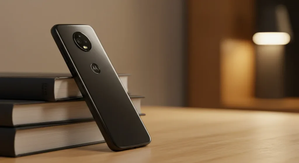 Fx Motorola Moto G75 leaning against a stack of books on a contemporary office desk with warm ambient lighting and shallow focus 4