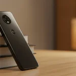 Fx Motorola Moto G75 leaning against a stack of books on a contemporary office desk with warm ambient lighting and shallow focus 4