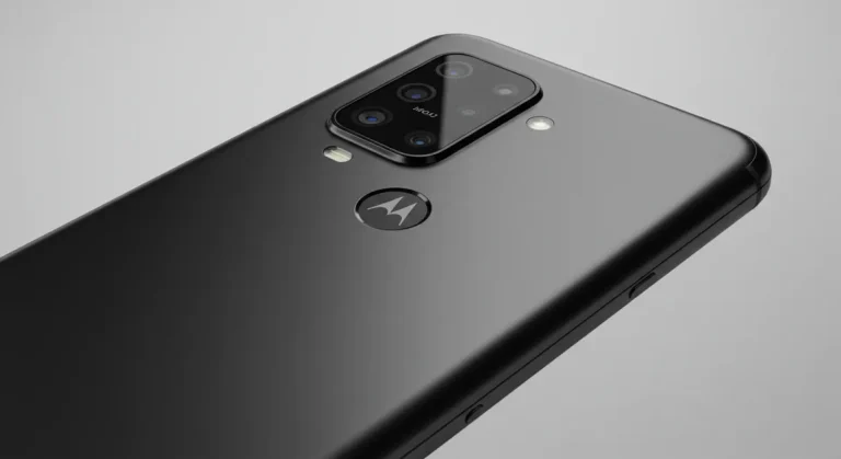 Fx Motorola Moto G75 photographed from the back at slight angle showing the camera bump and brand logo with professional product lighting 3