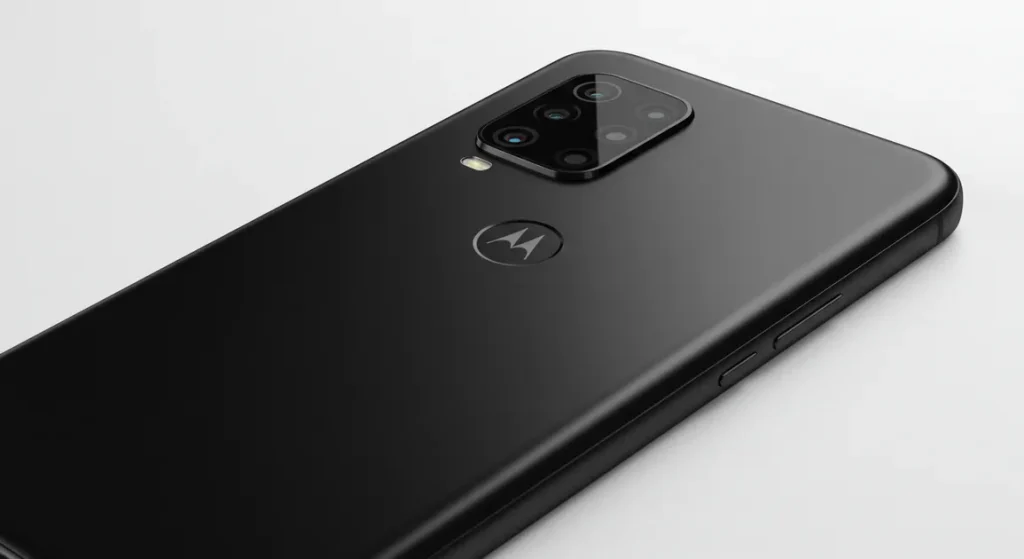 Fx Motorola Moto G75 photographed from the back at slight angle showing the camera bump and brand logo with professional product lighting 4