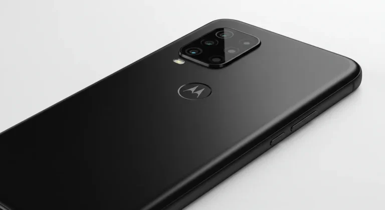 Fx Motorola Moto G75 photographed from the back at slight angle showing the camera bump and brand logo with professional product lighting 4