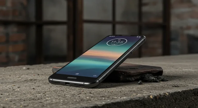 Fx Motorola Moto G75 placed on a textured concrete surface with industrial background emphasizing the phones durability and modern design 1