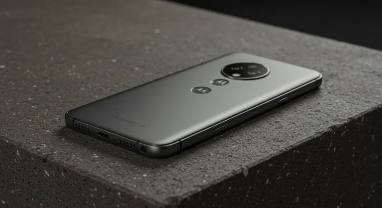 Fx Motorola Moto G75 placed on a textured concrete surface with industrial background emphasizing the phones durability and modern design 2
