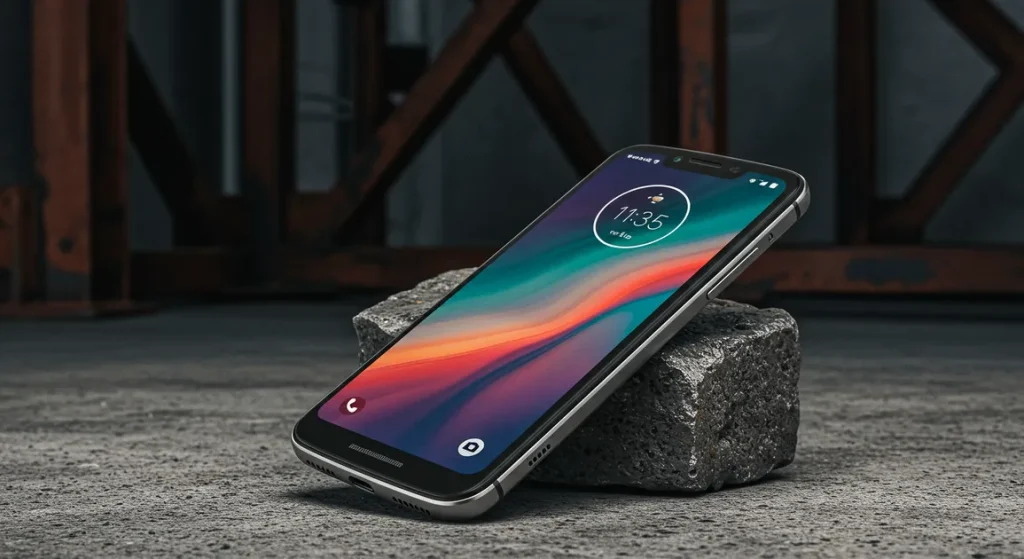 Fx Motorola Moto G75 placed on a textured concrete surface with industrial background emphasizing the phones durability and modern design 3