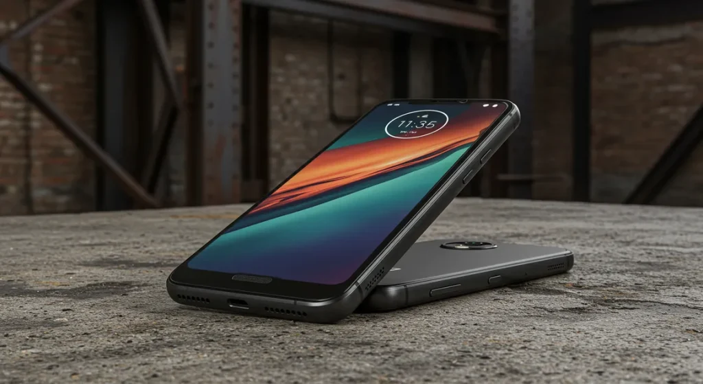 Fx Motorola Moto G75 placed on a textured concrete surface with industrial background emphasizing the phones durability and modern design 4