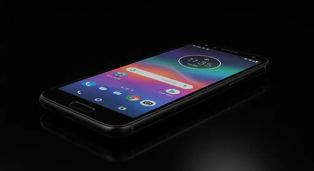 Fx Motorola Moto G75 positioned at a 45 degree angle on reflective black surface with dramatic lighting creating mirror reflections 1