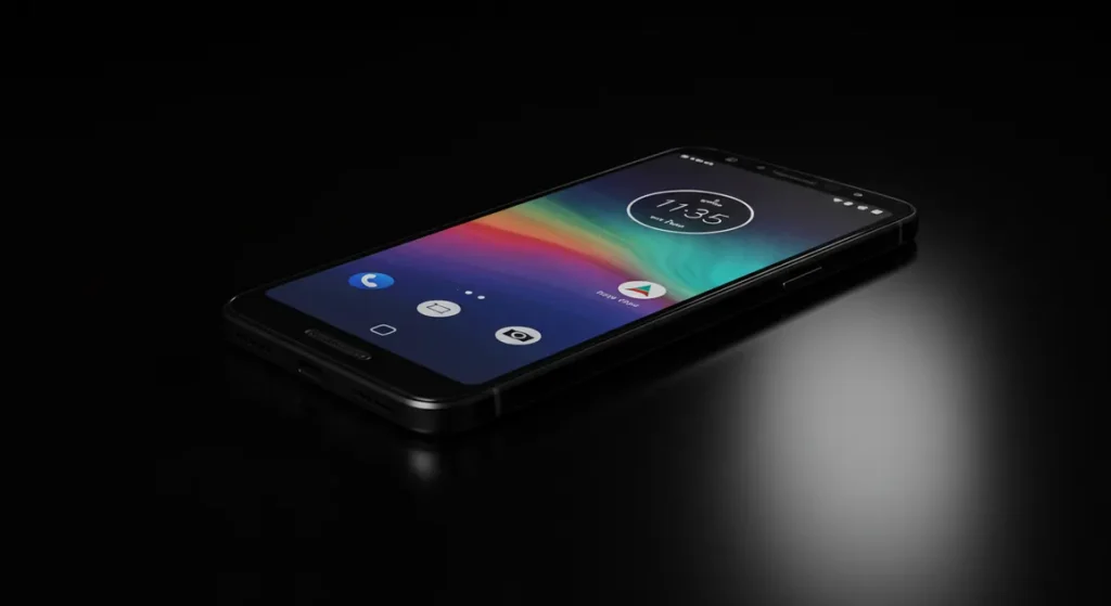 Fx Motorola Moto G75 positioned at a 45 degree angle on reflective black surface with dramatic lighting creating mirror reflections 2