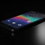 Fx Motorola Moto G75 positioned at a 45 degree angle on reflective black surface with dramatic lighting creating mirror reflections 2