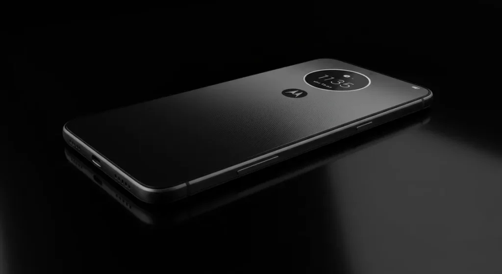Fx Motorola Moto G75 positioned at a 45 degree angle on reflective black surface with dramatic lighting creating mirror reflections 3