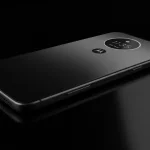 Fx Motorola Moto G75 positioned at a 45 degree angle on reflective black surface with dramatic lighting creating mirror reflections 3