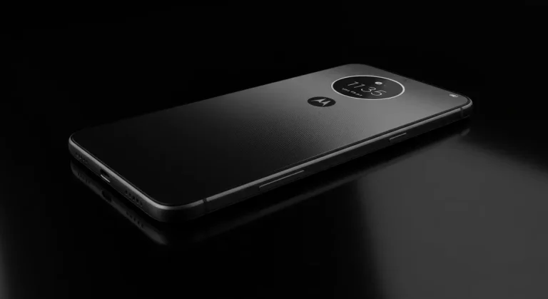 Fx Motorola Moto G75 positioned at a 45 degree angle on reflective black surface with dramatic lighting creating mirror reflections 3