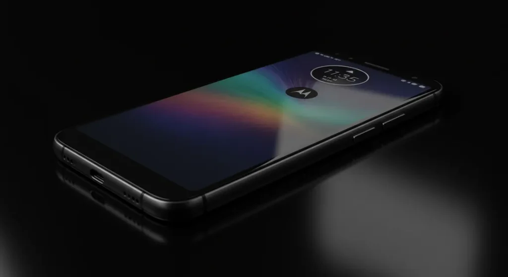 Fx Motorola Moto G75 positioned at a 45 degree angle on reflective black surface with dramatic lighting creating mirror reflections 4