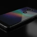 Fx Motorola Moto G75 positioned at a 45 degree angle on reflective black surface with dramatic lighting creating mirror reflections 4