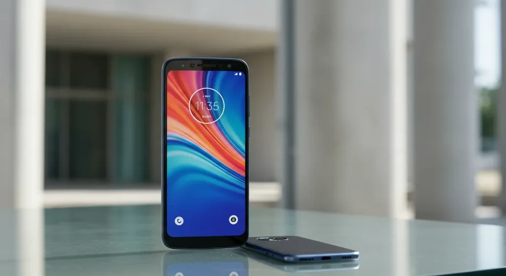 Fx Motorola Moto G75 positioned on a modern glass surface with architectural elements in the blurred background emphasizing contemporary design aesthetics 1
