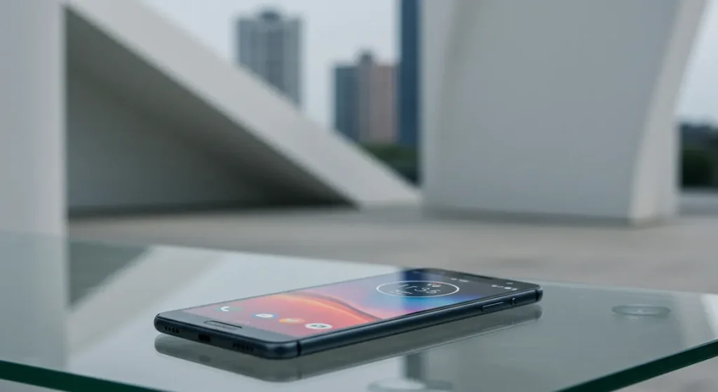 Fx Motorola Moto G75 positioned on a modern glass surface with architectural elements in the blurred background emphasizing contemporary design aesthetics 2
